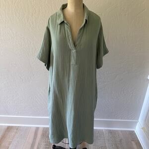 THREE DOTS | Womens Cotton Gauze Midi Dress $139 NEW Size XXL Green Lagenlook